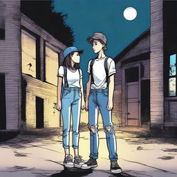 A teen boy and girl staring up at an old abandoned warehouse at night in the dark woods