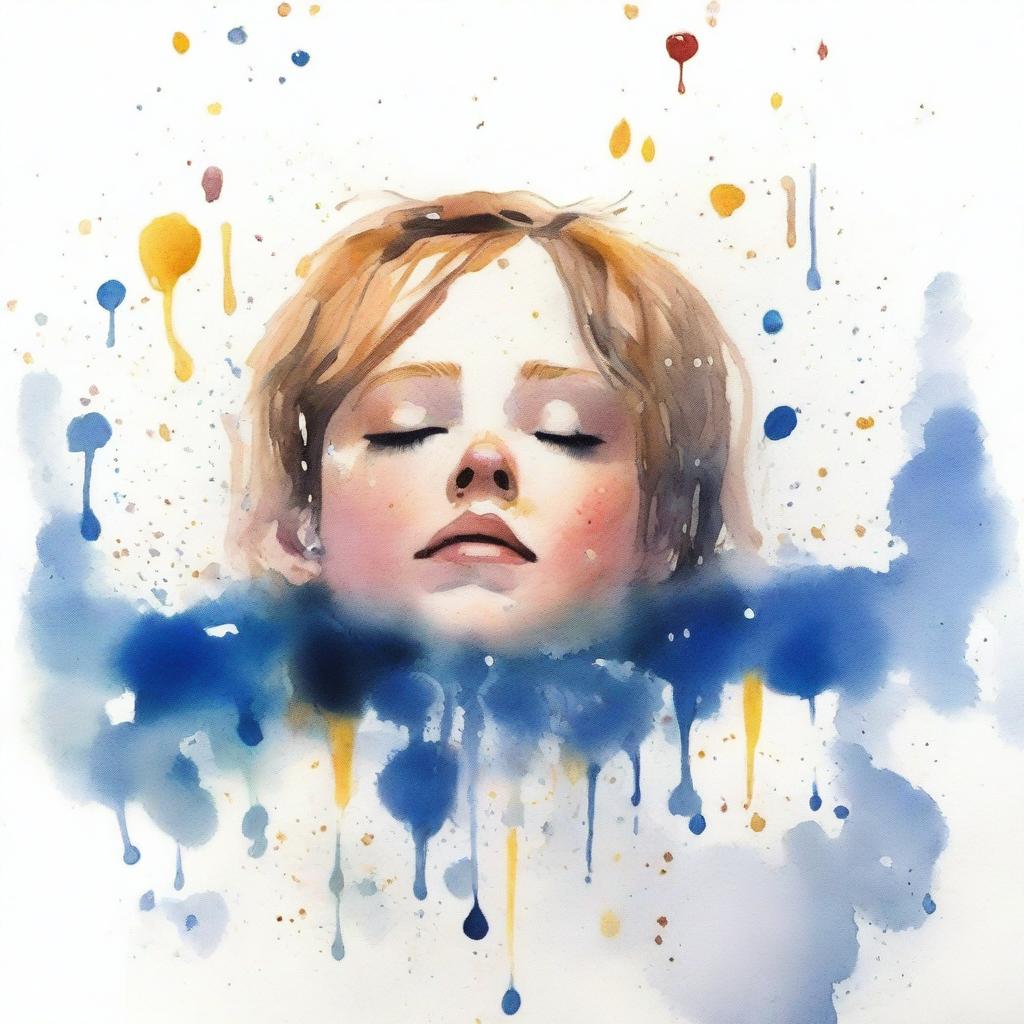 A gouache painting, very smudged and simple, minimalistic watercolor drops, depicting a young person upside down, their face covered by a watercolor smudge, half submerged in water