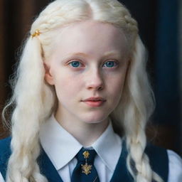 An enchanting portrait of a beautiful, perfect albino girl from Ravenclaw, her striking features emphasized, unique and radiant, embodying the house's intelligence and creativity.