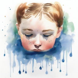 A gouache painting, very smudged and simple, minimalistic watercolor drops, depicting a young person upside down, their face covered by a watercolor smudge, half submerged in water