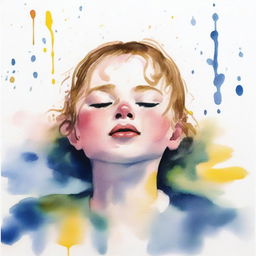 A gouache painting, very smudged and simple, minimalistic watercolor drops, depicting a young person upside down, their face covered by a watercolor smudge, half submerged in water