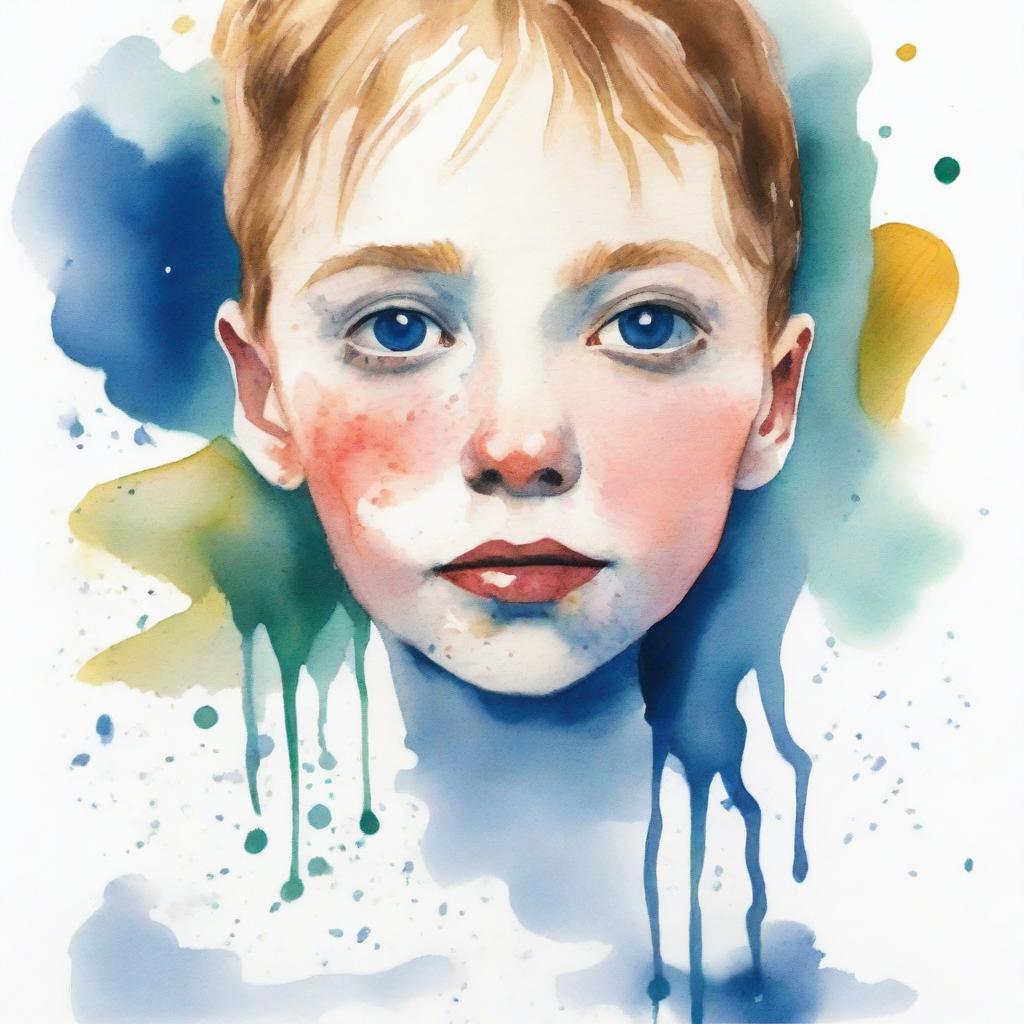 A gouache painting, very smudged and simple, minimalistic watercolor drops, depicting a young person upside down, their face covered by a watercolor smudge, half submerged in water