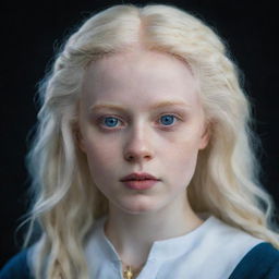 An enchanting portrait of a beautiful, perfect albino girl from Ravenclaw, her striking features emphasized, unique and radiant, embodying the house's intelligence and creativity.