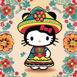 Create an image of Hello Kitty dressed in traditional Mexican attire, including a colorful dress, sombrero, and perhaps holding maracas