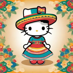 Create an image of Hello Kitty dressed in traditional Mexican attire, including a colorful dress, sombrero, and perhaps holding maracas