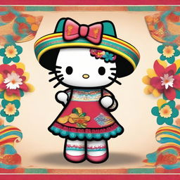 Create an image of Hello Kitty dressed in traditional Mexican attire, including a colorful dress, sombrero, and perhaps holding maracas