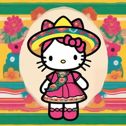 Create an image of Hello Kitty dressed in traditional Mexican attire, including a colorful dress, sombrero, and perhaps holding maracas