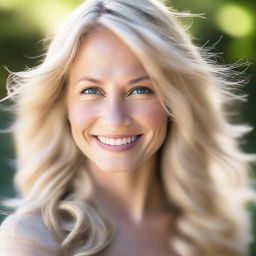 A detailed portrait of a blonde woman with flowing hair, captured in a natural setting with soft lighting