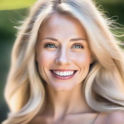 A detailed portrait of a blonde woman with flowing hair, captured in a natural setting with soft lighting