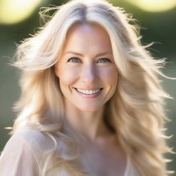 A detailed portrait of a blonde woman with flowing hair, captured in a natural setting with soft lighting