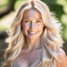 A detailed portrait of a blonde woman with flowing hair, captured in a natural setting with soft lighting