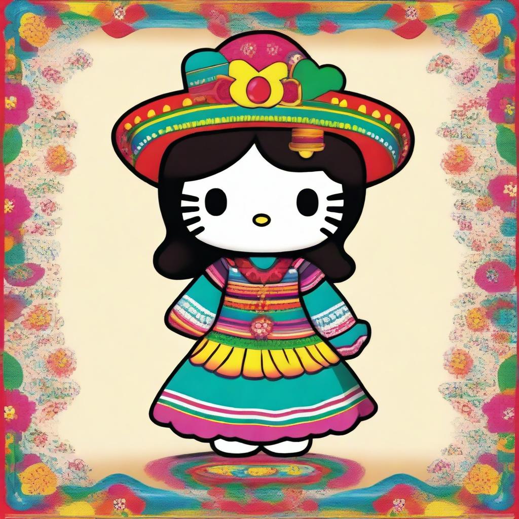 Create an image of Hello Kitty dressed in traditional Mexican attire, including a colorful dress and sombrero, with long dark hair