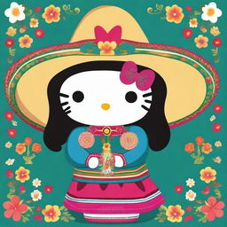 Create an image of Hello Kitty dressed in traditional Mexican attire, including a colorful dress and sombrero, with long dark hair