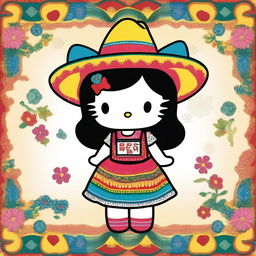 Create an image of Hello Kitty dressed in traditional Mexican attire, including a colorful dress and sombrero, with long dark hair