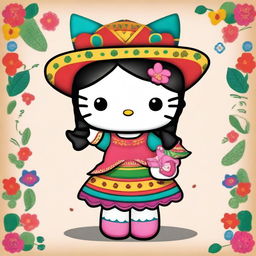 Create an image of Hello Kitty dressed in traditional Mexican attire, including a colorful dress and sombrero, with long dark hair