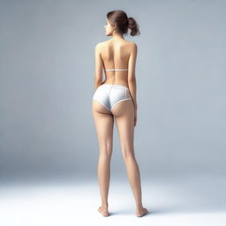 A realistic depiction of a 23-year-old woman wearing very short shorts, tastefully showcasing her buttocks