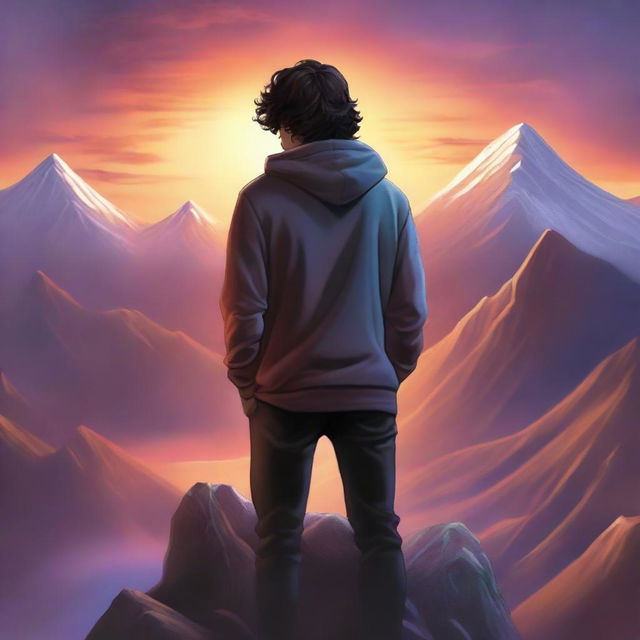 A fantasy cover featuring a fair male with black shoulder-length curled hair and dark brown eyes, wearing a hoodie