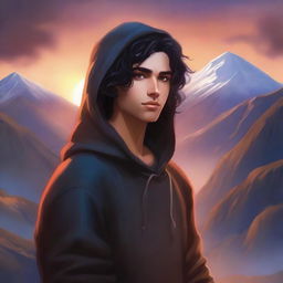 A fantasy cover featuring a fair male with black shoulder-length curled hair and dark brown eyes, wearing a hoodie