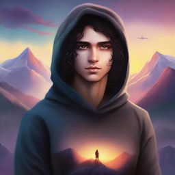 A fantasy cover featuring a fair male with black shoulder-length curled hair and dark brown eyes, wearing a hoodie