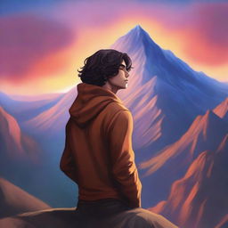 A fantasy cover featuring a fair male with black shoulder-length curled hair and dark brown eyes, wearing a hoodie