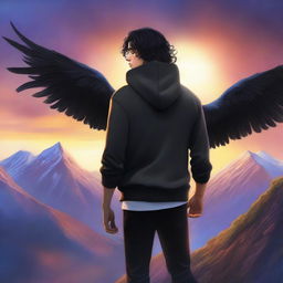 A fantasy realistic cover featuring a fair male with black shoulder-length curled hair and dark brown eyes, wearing a hoodie and black feathered wings