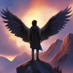 A fantasy realistic cover featuring a fair male with black shoulder-length curled hair and dark brown eyes, wearing a hoodie and black feathered wings