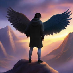 A fantasy realistic cover featuring a fair male with black shoulder-length curled hair and dark brown eyes, wearing a hoodie and black feathered wings