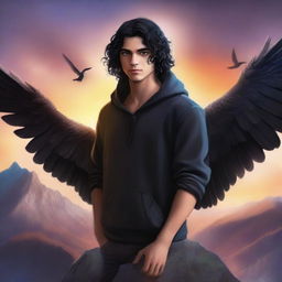 A fantasy realistic cover featuring a fair male with black shoulder-length curled hair and dark brown eyes, wearing a hoodie and black feathered wings