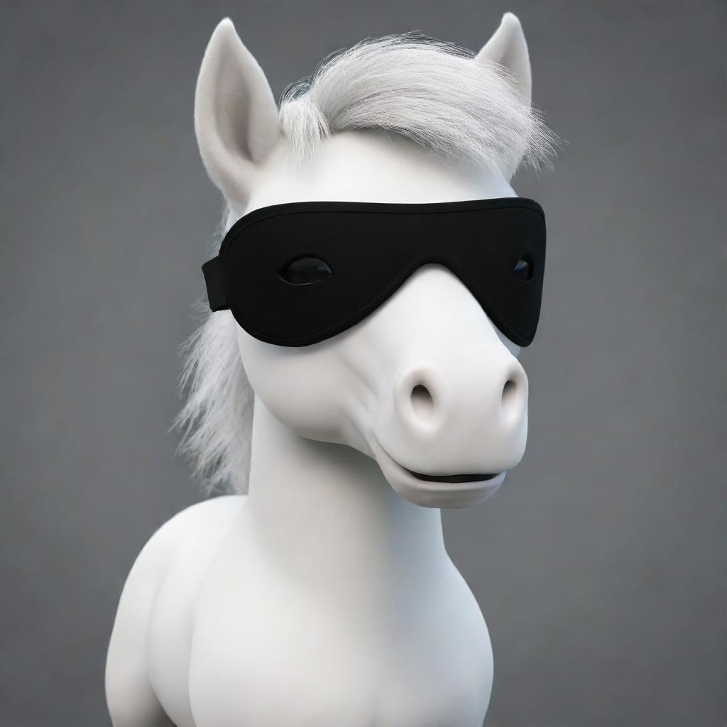 A detailed cartoon drawing of a white pony with a straight black blindfold completely covering its eyes, created in a realistic animation style.