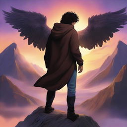 A fantasy cover featuring a fair male with black shoulder-length curled hair and dark brown eyes, wearing a hoodie with black feathered wings emerging from cuts in the back of his hoodie