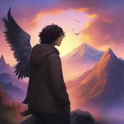 A fantasy cover featuring a fair male with black shoulder-length curled hair and dark brown eyes, wearing a hoodie with black feathered wings emerging from cuts in the back of his hoodie