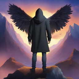 A fantasy cover featuring a fair male with black shoulder-length curled hair and dark brown eyes, wearing a hoodie with black feathered wings emerging from cuts in the back of his hoodie