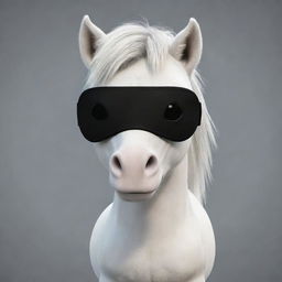 A detailed cartoon drawing of a white pony with a straight black blindfold completely covering its eyes, created in a realistic animation style.