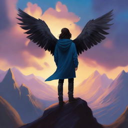 A fantasy cover featuring a fair male with black shoulder-length curled hair and dark brown eyes, wearing a dark blue modern hoodie with black feathered wings on his back