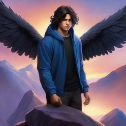 A fantasy cover featuring a fair male with black shoulder-length curled hair and dark brown eyes, wearing a dark blue modern hoodie with black feathered wings on his back