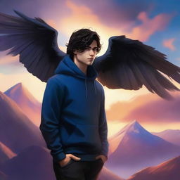 A fantasy cover featuring a fair male with black shoulder-length curled hair and dark brown eyes, wearing a dark blue modern hoodie with black feathered wings on his back