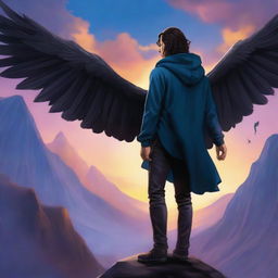 A fantasy cover featuring a fair male with black shoulder-length curled hair and dark brown eyes, wearing a dark blue modern hoodie with black feathered wings on his back