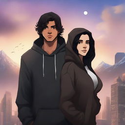 A fantasy cover featuring a fair male with black shoulder-length curled hair and dark brown eyes, wearing a dark modern hoodie