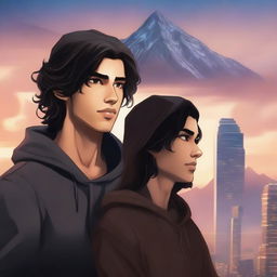 A fantasy cover featuring a fair male with black shoulder-length curled hair and dark brown eyes, wearing a dark modern hoodie