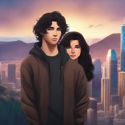 A fantasy cover featuring a fair male with black shoulder-length curled hair and dark brown eyes, wearing a dark modern hoodie