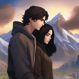 A fantasy cover featuring a fair male with black shoulder-length curled hair and dark brown eyes, wearing a dark modern hoodie