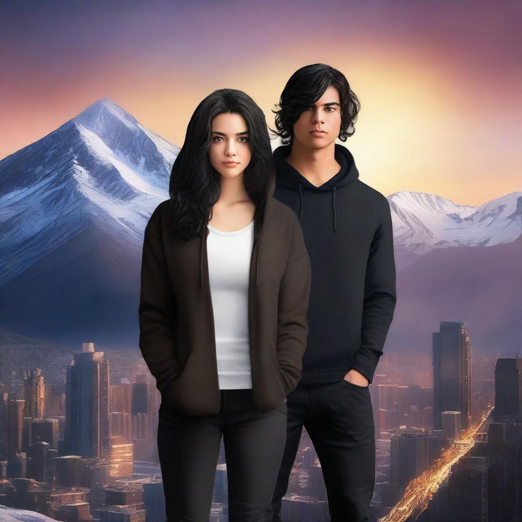 A realistic fantasy book cover featuring a fair male with black shoulder-length curled hair and dark brown eyes, wearing a dark modern hoodie