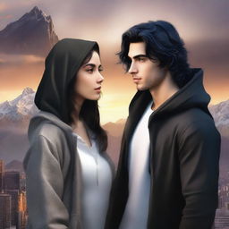 A realistic fantasy book cover featuring a fair male with black shoulder-length curled hair and dark brown eyes, wearing a dark modern hoodie