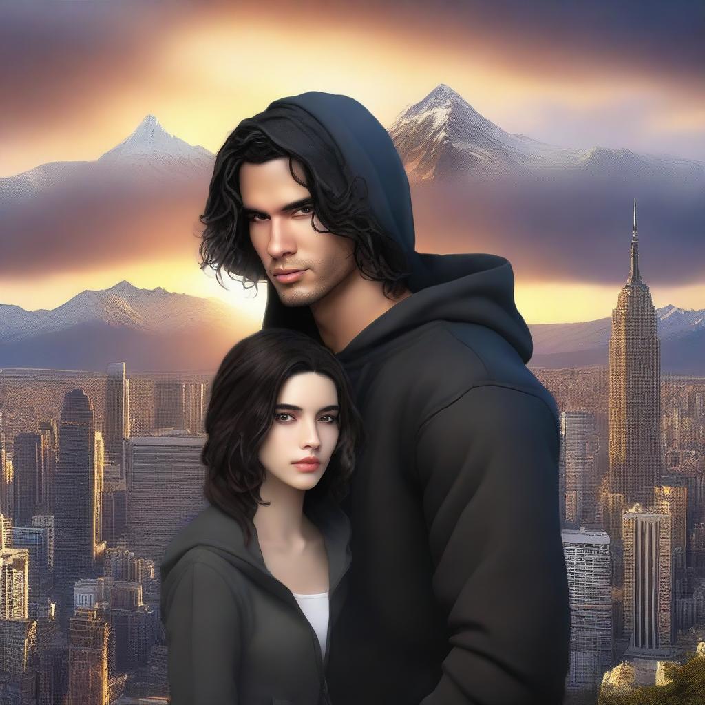 A realistic fantasy book cover featuring a fair male with black shoulder-length curled hair and dark brown eyes, wearing a dark modern hoodie