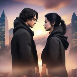 A realistic fantasy book cover featuring a fair male with black shoulder-length curled hair and dark brown eyes, wearing a dark modern hoodie