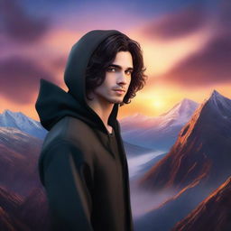 A realistic fantasy book cover featuring a fair male with black shoulder-length curled hair and dark brown eyes, wearing a dark modern hoodie