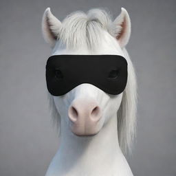 A detailed cartoon drawing of a white pony with a straight black blindfold completely covering its eyes, created in a realistic animation style.