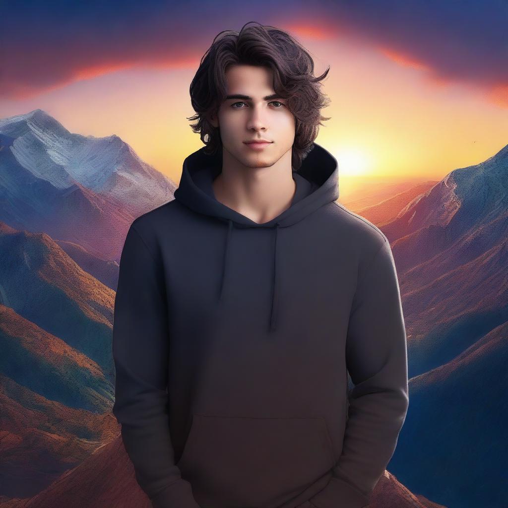 A realistic fantasy book cover featuring a fair male with black shoulder-length curled hair and dark brown eyes, wearing a dark modern hoodie