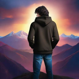 A realistic fantasy book cover featuring a fair male with black shoulder-length curled hair and dark brown eyes, wearing a dark modern hoodie