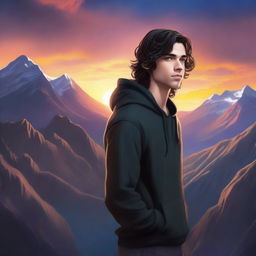 A realistic fantasy book cover featuring a fair male with black shoulder-length curled hair and dark brown eyes, wearing a dark modern hoodie